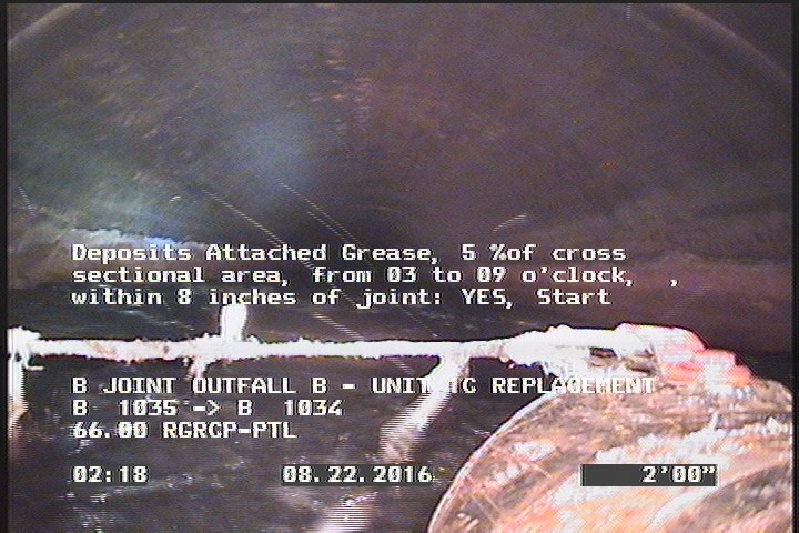 Deposits Attached Grease, 5 %of cross sectional area, from 03 to 09 o'clock, , within 8 inches of joint: YES, Start