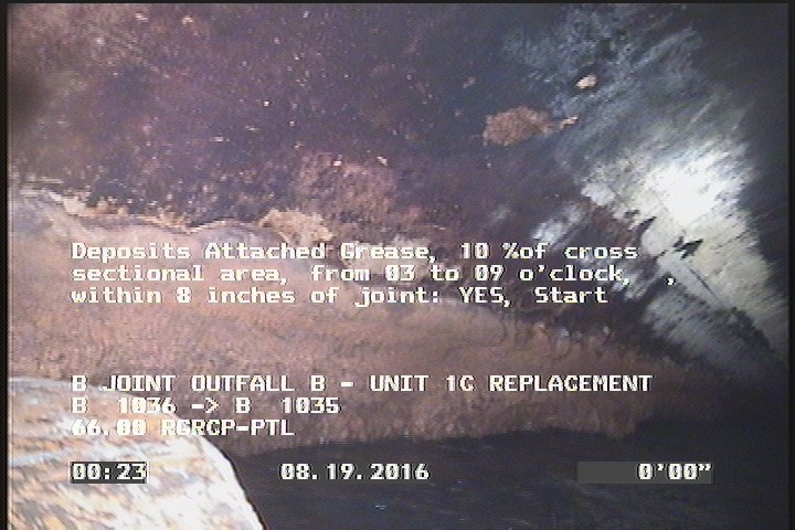 Deposits Attached Grease, 10 %of cross sectional area, from 03 to 09 o'clock, , within 8 inches of joint: YES, Start