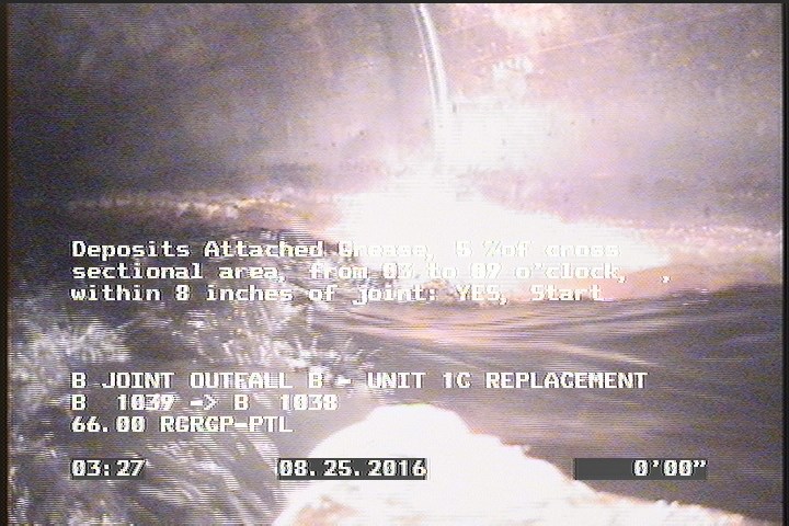 Deposits Attached Grease, 5 %of cross sectional area, from 03 to 09 o'clock, , within 8 inches of joint: YES, Start