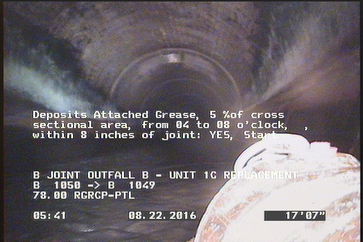 Deposits Attached Grease, 5 %of cross sectional area, from 04 to 08 o'clock, , within 8 inches of joint: YES, Start