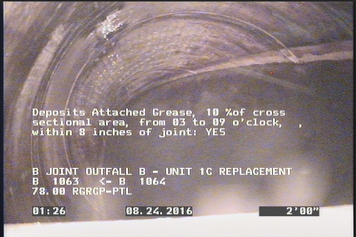 Deposits Attached Grease, 10 %of cross sectional area, from 03 to 09 o'clock, , within 8 inches of joint: YES