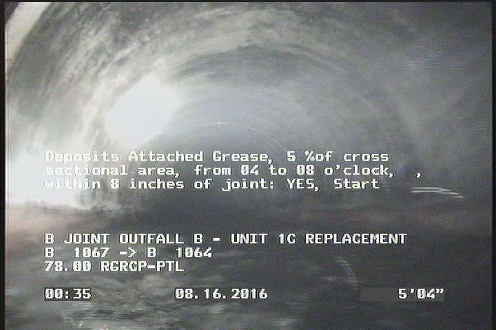 Deposits Attached Grease, 5 %of cross sectional area, from 04 to 08 o'clock, , within 8 inches of joint: YES, Start
