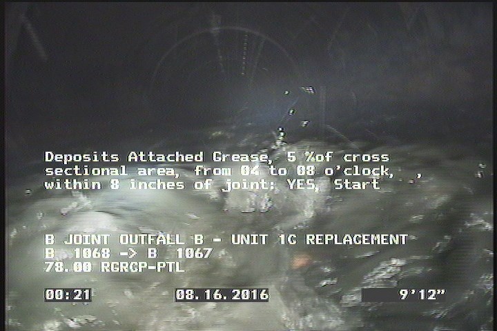 Deposits Attached Grease, 5 %of cross sectional area, from 04 to 08 o'clock, , within 8 inches of joint: YES, Start