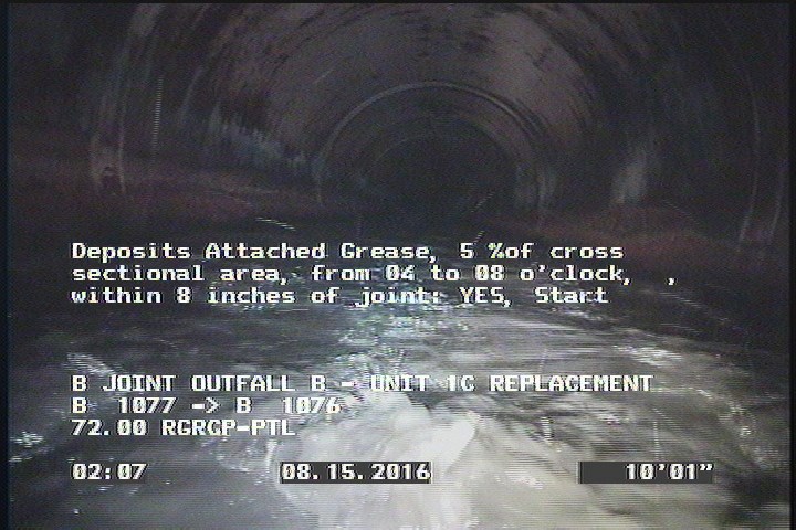 Deposits Attached Grease, 5 %of cross sectional area, from 04 to 08 o'clock, , within 8 inches of joint: YES, Start