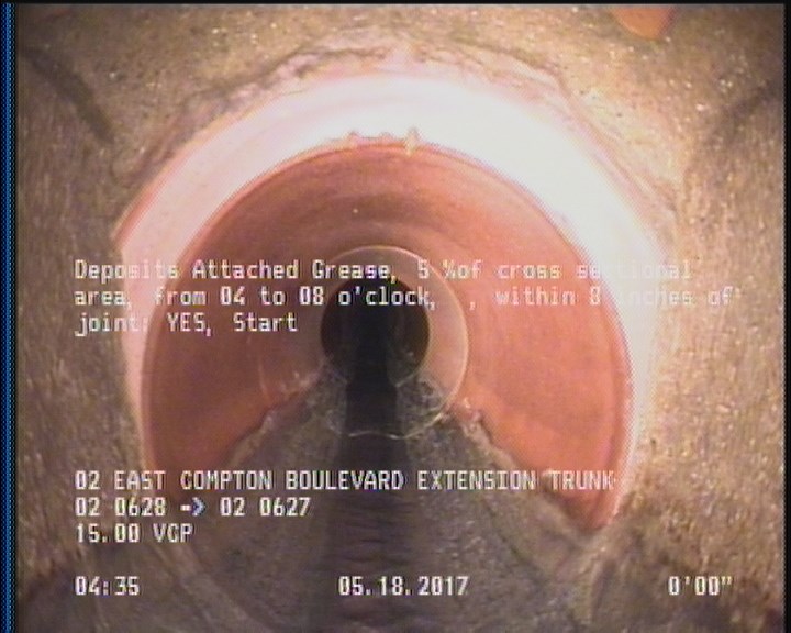 Deposits Attached Grease, 5 %of cross sectional area, from 04 to 08 o'clock, , within 8 inches of joint: YES, Start