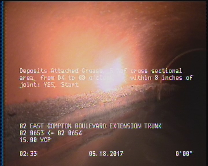 Deposits Attached Grease, 5 %of cross sectional area, from 04 to 08 o'clock, , within 8 inches of joint: YES, Start