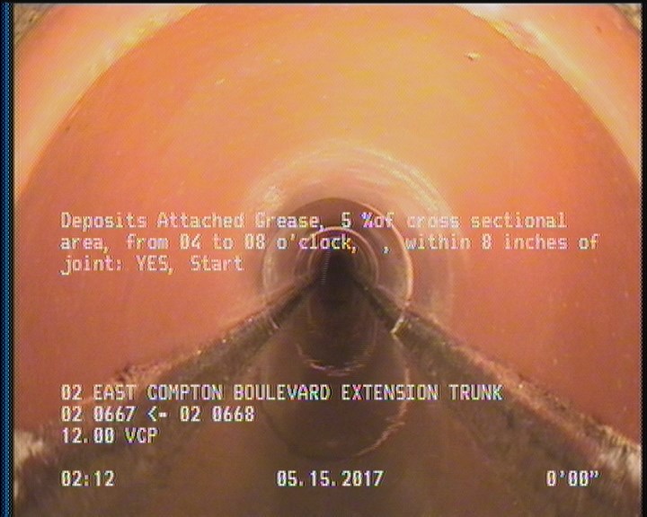 Deposits Attached Grease, 5 %of cross sectional area, from 04 to 08 o'clock, , within 8 inches of joint: YES, Start