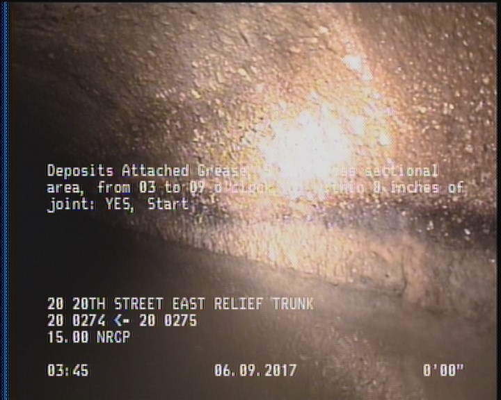 Deposits Attached Grease, 5 %of cross sectional area, from 03 to 09 o'clock, , within 8 inches of joint: YES, Start