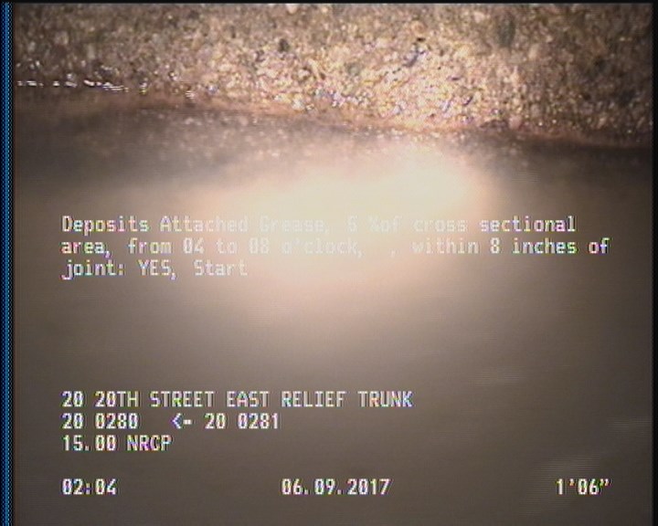 Deposits Attached Grease, 5 %of cross sectional area, from 04 to 08 o'clock, , within 8 inches of joint: YES, Start