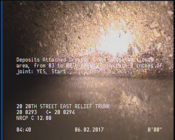 Deposits Attached Grease, 5 %of cross sectional area, from 03 to 09 o'clock, , within 8 inches of joint: YES, Start