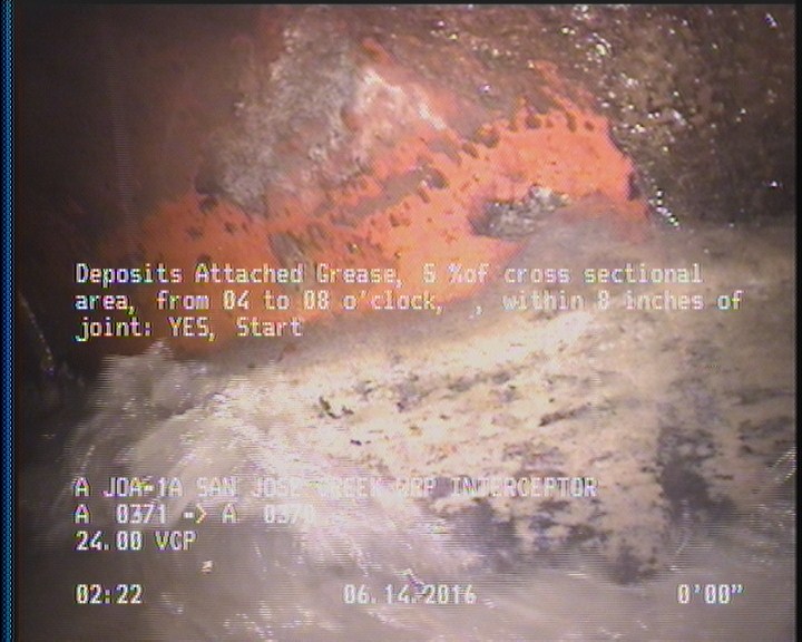 Deposits Attached Grease, 5 %of cross sectional area, from 04 to 08 o'clock, , within 8 inches of joint: YES, Start