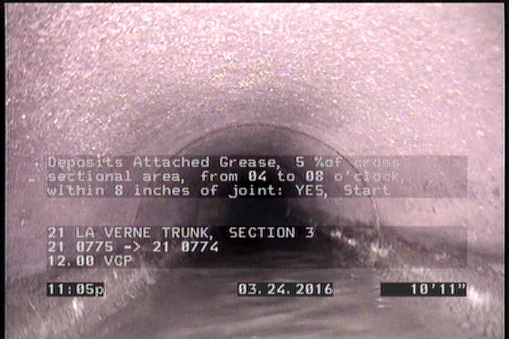 Deposits Attached Grease, 5 %of cross sectional area, from 04 to 08 o'clock, , within 8 inches of joint: YES, Start