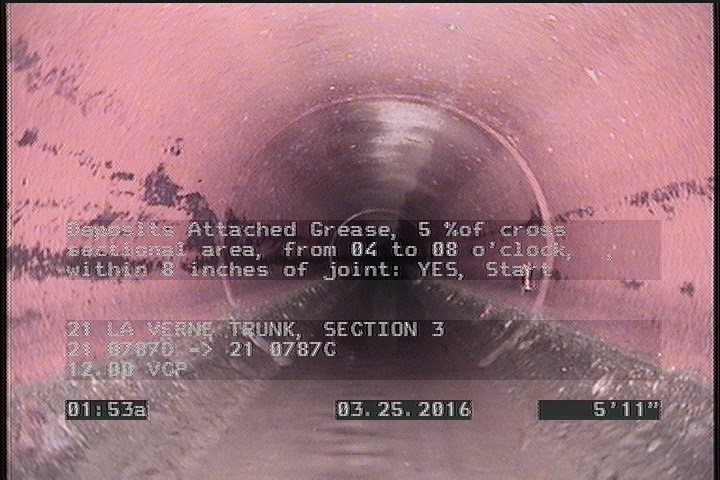 Deposits Attached Grease, 5 %of cross sectional area, from 04 to 08 o'clock, , within 8 inches of joint: YES, Start