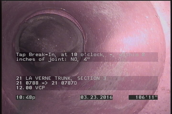 Tap Break-In, at 10 o'clock, -, within 8 inches of joint: NO, 4"