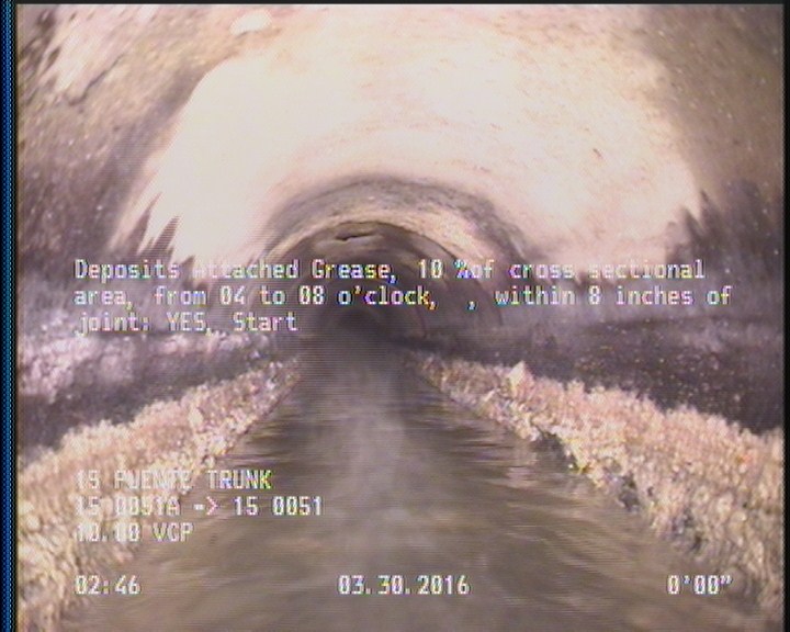 Deposits Attached Grease, 10 %of cross sectional area, from 04 to 08 o'clock, , within 8 inches of joint: YES, Start