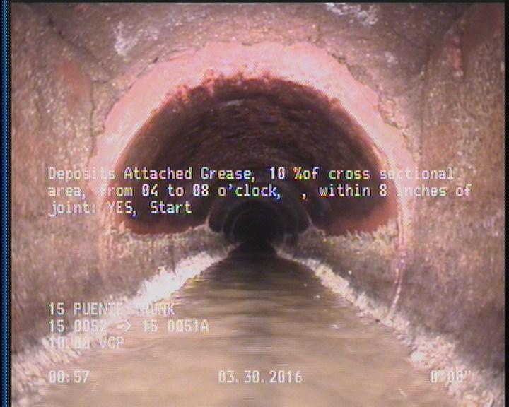 Deposits Attached Grease, 10 %of cross sectional area, from 04 to 08 o'clock, , within 8 inches of joint: YES, Start
