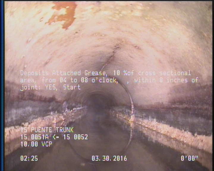 Deposits Attached Grease, 10 %of cross sectional area, from 04 to 08 o'clock, , within 8 inches of joint: YES, Start