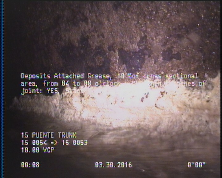 Deposits Attached Grease, 10 %of cross sectional area, from 04 to 08 o'clock, , within 8 inches of joint: YES, Start