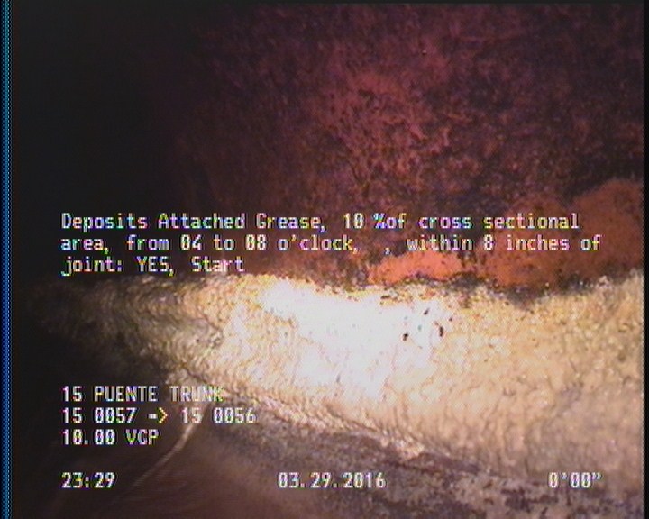 Deposits Attached Grease, 10 %of cross sectional area, from 04 to 08 o'clock, , within 8 inches of joint: YES, Start