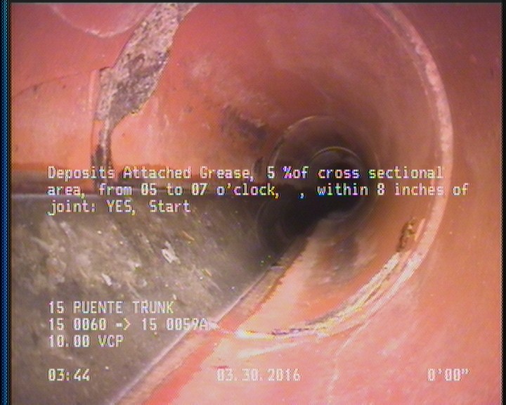 Deposits Attached Grease, 5 %of cross sectional area, from 05 to 07 o'clock, , within 8 inches of joint: YES, Start