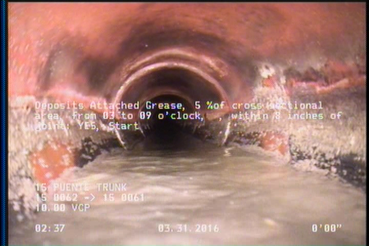 Deposits Attached Grease, 5 %of cross sectional area, from 03 to 09 o'clock, , within 8 inches of joint: YES, Start