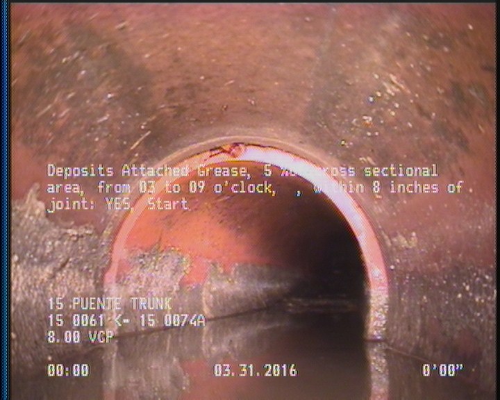 Deposits Attached Grease, 5 %of cross sectional area, from 03 to 09 o'clock, , within 8 inches of joint: YES, Start