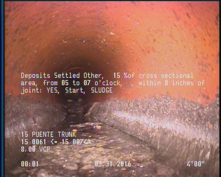 Deposits Settled Other, 15 %of cross sectional area, from 05 to 07 o'clock, , within 8 inches of joint: YES, Start - SLUDGE