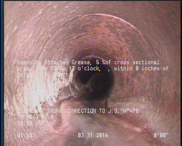 Deposits Attached Grease, 5 %of cross sectional area, from 12 to 12 o'clock, , within 8 inches of joint: YES, Start