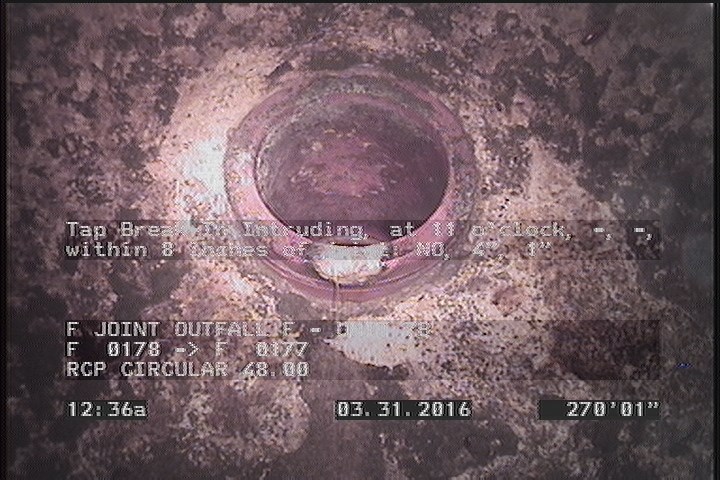 Tap Break-In Intruding, at 11 o'clock, -, -, within 8 inches of joint: NO, 4", 1"