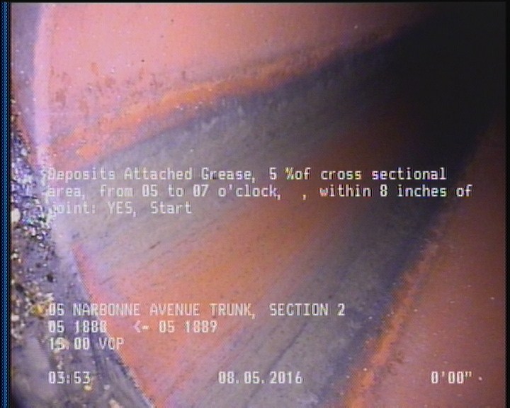Deposits Attached Grease, 5 %of cross sectional area, from 05 to 07 o'clock, , within 8 inches of joint: YES, Start