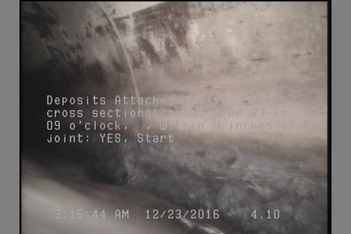 Deposits Attached Grease, 5 %of cross sectional area, from 03 to 09 o'clock, , within 8 inches of joint: YES, Start