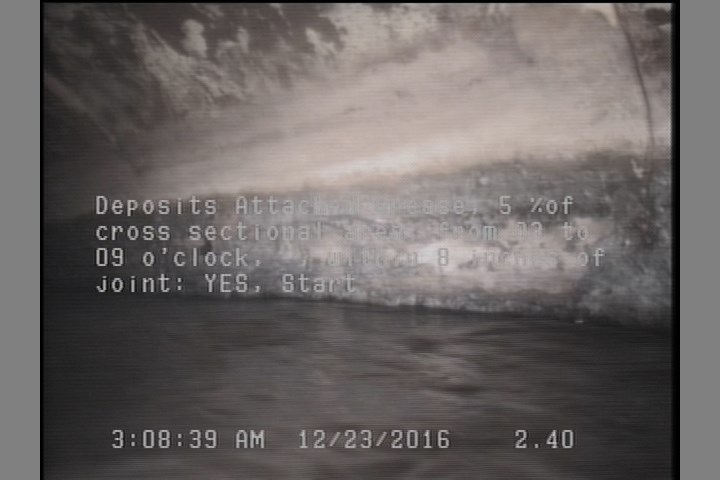 Deposits Attached Grease, 5 %of cross sectional area, from 03 to 09 o'clock, , within 8 inches of joint: YES, Start