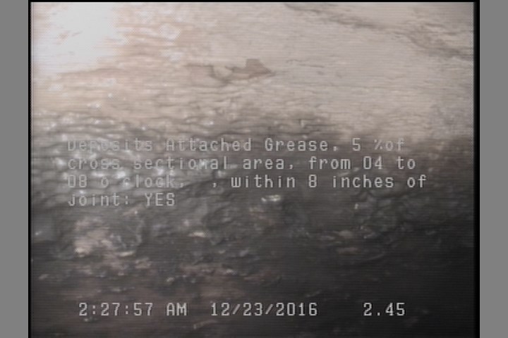 Deposits Attached Grease, 5 %of cross sectional area, from 04 to 08 o'clock, , within 8 inches of joint: YES