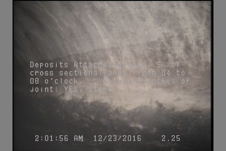 Deposits Attached Grease, 5 %of cross sectional area, from 04 to 08 o'clock, , within 8 inches of joint: YES, Start