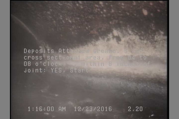 Deposits Attached Grease, 5 %of cross sectional area, from 04 to 08 o'clock, , within 8 inches of joint: YES, Start