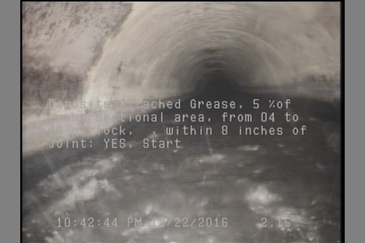 Deposits Attached Grease, 5 %of cross sectional area, from 04 to 08 o'clock, , within 8 inches of joint: YES, Start