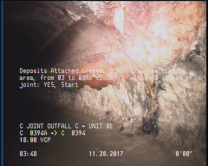 Deposits Attached Grease, 5 %of cross sectional area, from 03 to 08 o'clock, , within 8 inches of joint: YES, Start