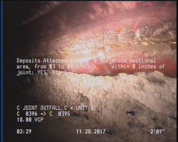 Deposits Attached Grease, 5 %of cross sectional area, from 03 to 09 o'clock, , within 8 inches of joint: YES, Start