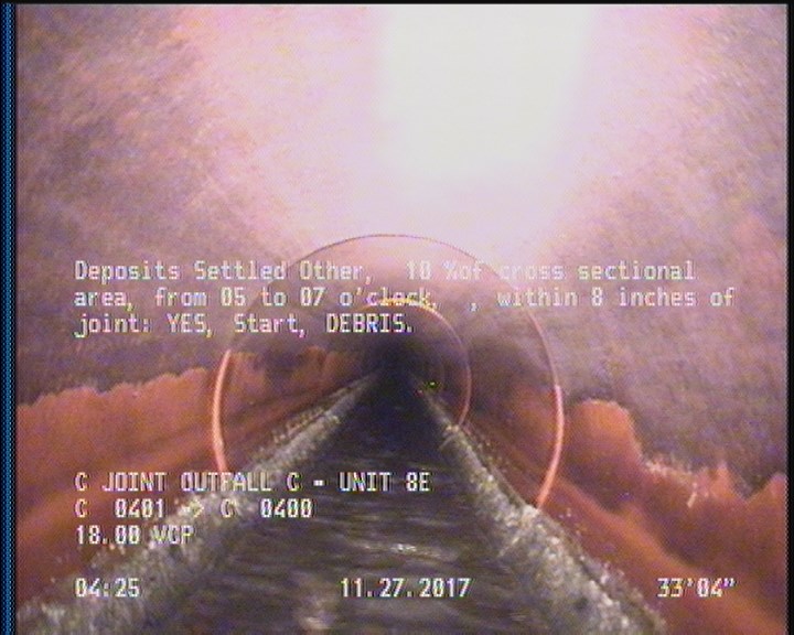 Deposits Settled Other, 5 %of cross sectional area, from 05 to 07 o'clock, , within 8 inches of joint: YES, Start - DEBRIS.
