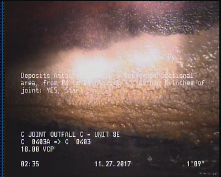Deposits Attached Grease, 5 %of cross sectional area, from 04 to 08 o'clock, , within 8 inches of joint: YES, Start
