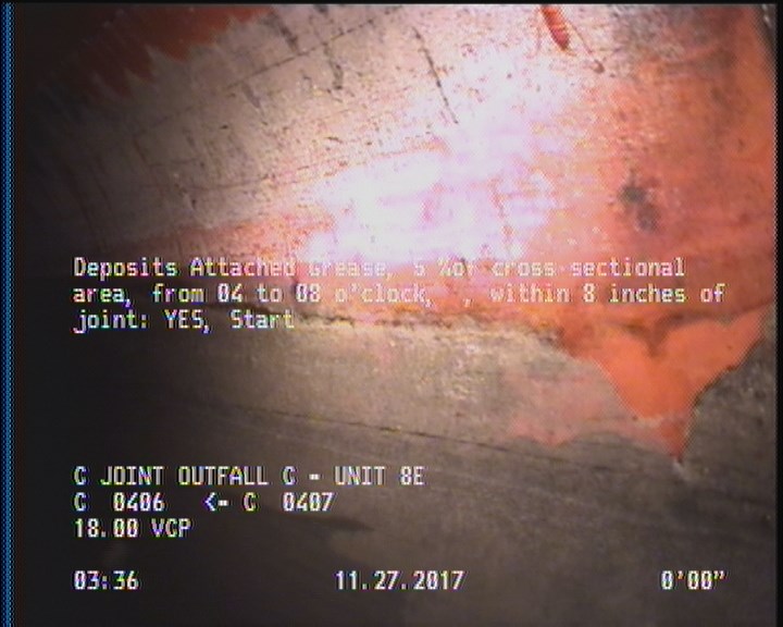 Deposits Attached Grease, 5 %of cross sectional area, from 04 to 08 o'clock, , within 8 inches of joint: YES, Start