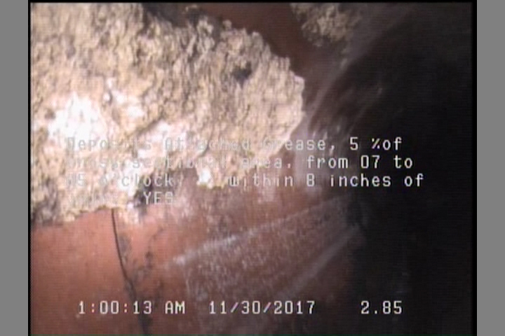Deposits Attached Grease, 5 %of cross sectional area, from 07 to 05 o'clock, , within 8 inches of joint: YES, Start