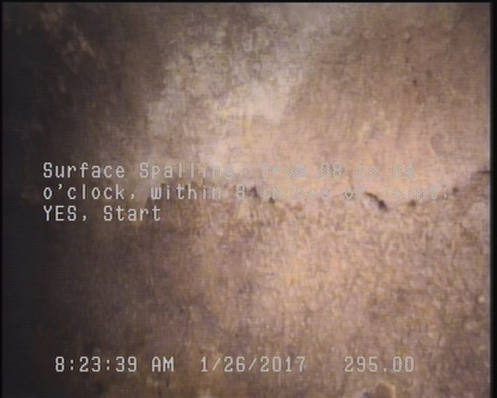 Surface Spalling, from 08 to 04 o'clock, within 8 inches of joint: YES, Start