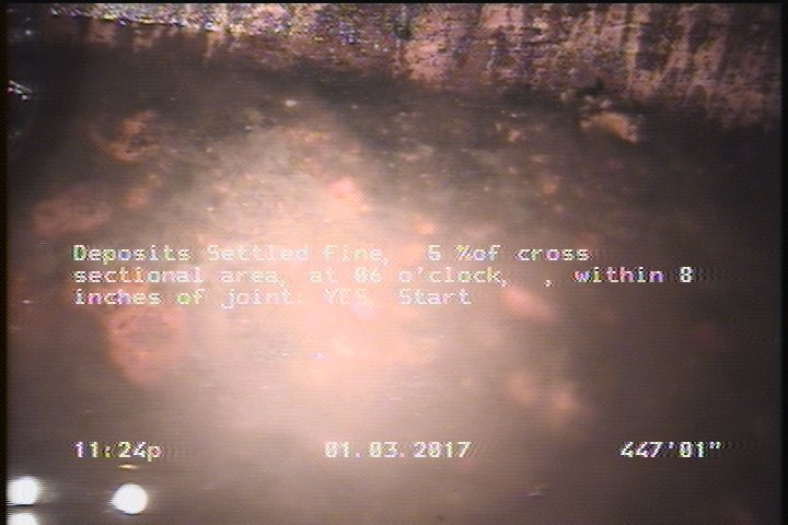Deposits Settled Fine, 5 %of cross sectional area, at 06 o'clock, , within 8 inches of joint: YES, Start