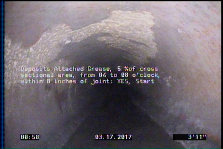 Deposits Attached Grease, 5 %of cross sectional area, from 04 to 08 o'clock, , within 8 inches of joint: YES, Start