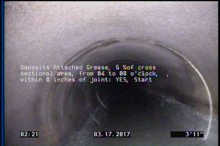 Deposits Attached Grease, 5 %of cross sectional area, from 04 to 08 o'clock, , within 8 inches of joint: YES, Start
