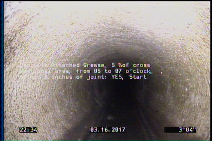 Deposits Attached Grease, 5 %of cross sectional area, from 05 to 07 o'clock, , within 8 inches of joint: YES, Start