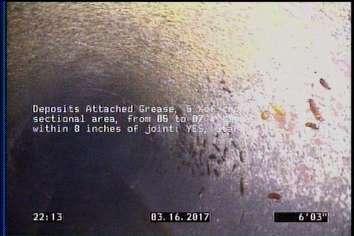 Deposits Attached Grease, 5 %of cross sectional area, from 05 to 07 o'clock, , within 8 inches of joint: YES, Start