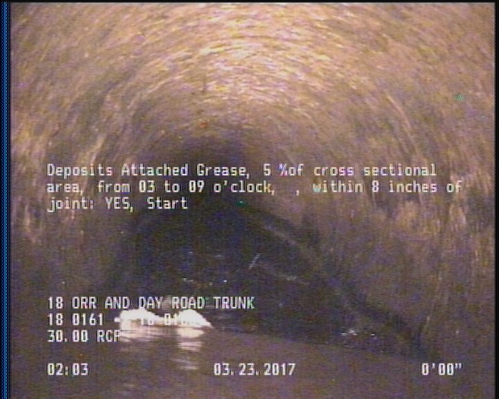 Deposits Attached Grease, 5 %of cross sectional area, from 03 to 09 o'clock, , within 8 inches of joint: YES, Start