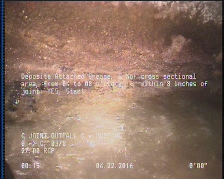 Deposits Attached Grease, 5 %of cross sectional area, from 04 to 08 o'clock, , within 8 inches of joint: YES, Start
